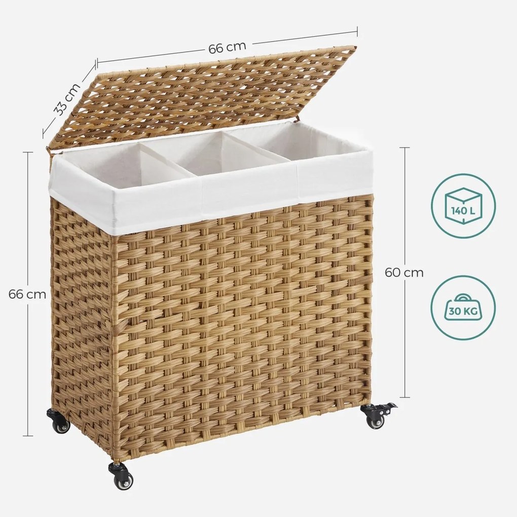 Kézzel fonott rattan stílusú szennyeskosár 3 rekesszel 140L, natúr