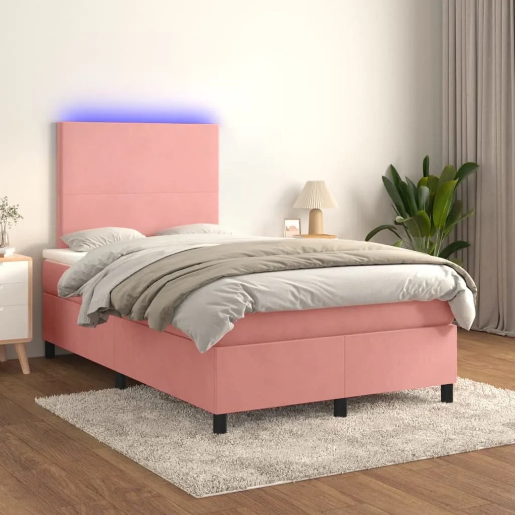 rózsaszín bársony rugós és LED-es ágy matraccal 120x200 cm