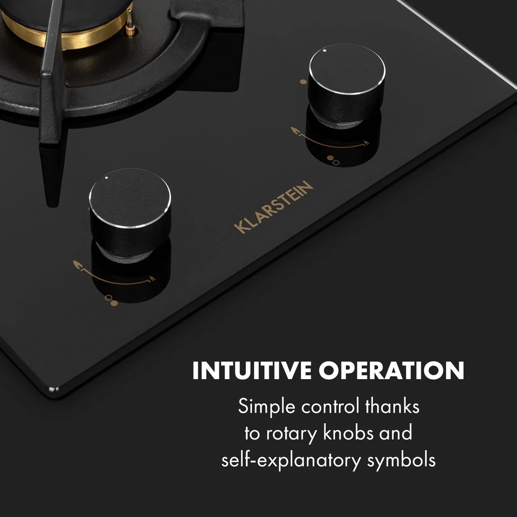 Klarstein Goldflame Domino, gázfőzőlap, 2 sárgaréz égőfej, üvegkerámia