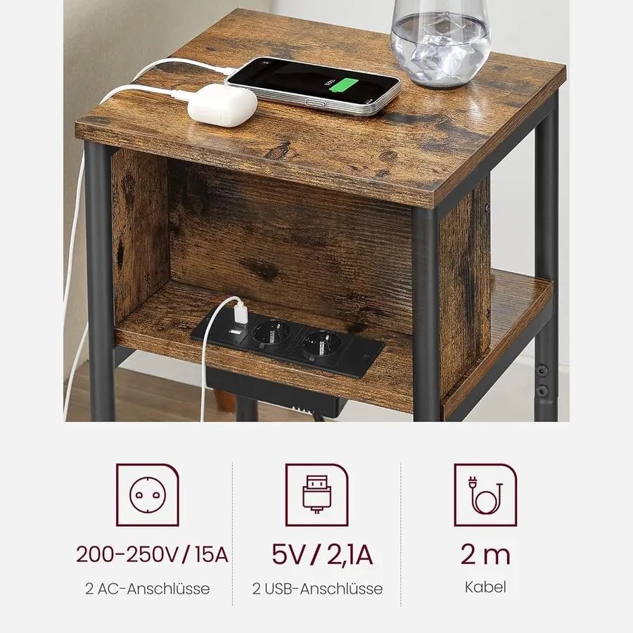Oldalsó asztal, éjjeliszekrény, USB port bemenettel, barna/fekete