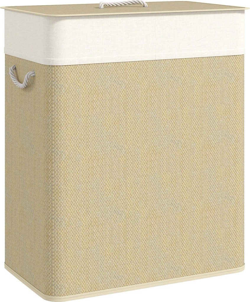 HOMCOM Bambusz Ruhatároló Fedéllel 100L Ruhás Kosár 2 Rekeszsel, Kivehető Belső Táskával a Mosókonyhához és Hálószobához, 52x32x63 cm Natúr | Aosom