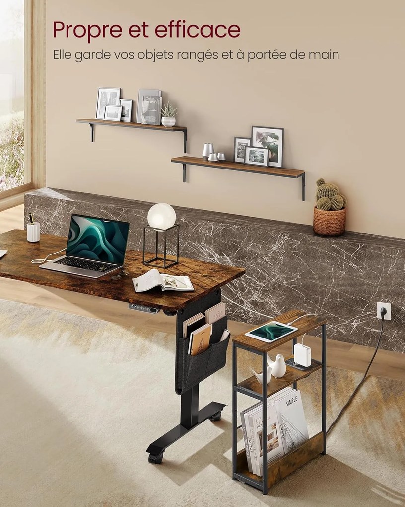 Keskeny oldal asztal töltő funkcióval 3 polcos, 18 x 45 x 58 cm rusztikus barna