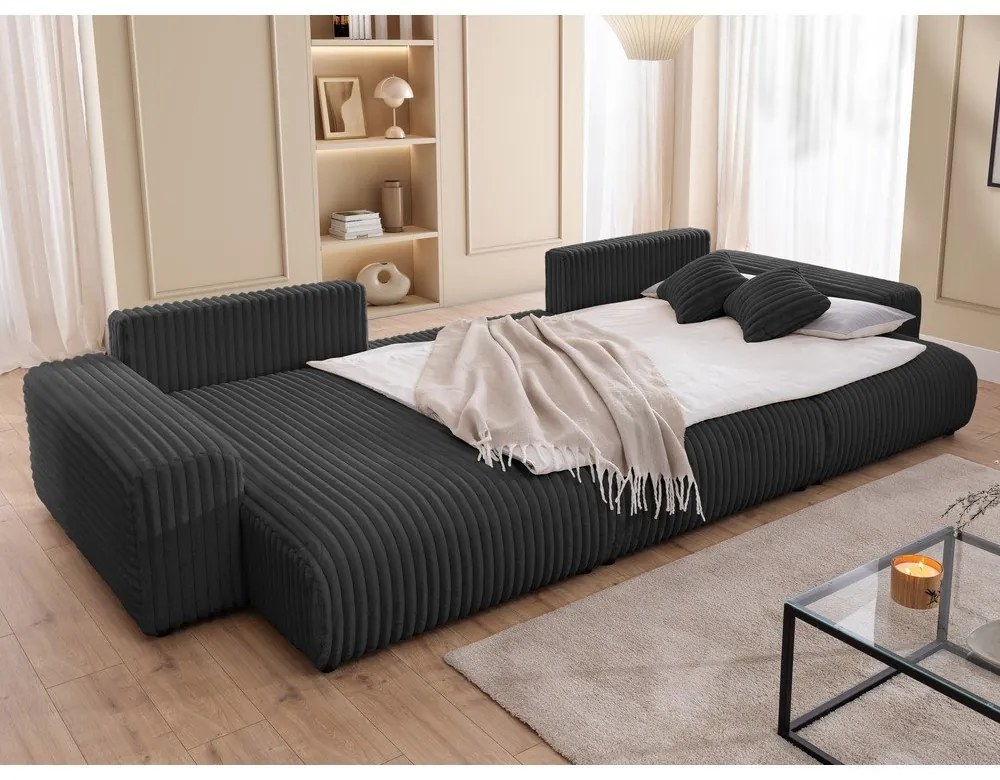 Sötétszürke kordbársony kinyitható-tárolóhelyes (U alakú) sarokkanapé Sarina – Ropez