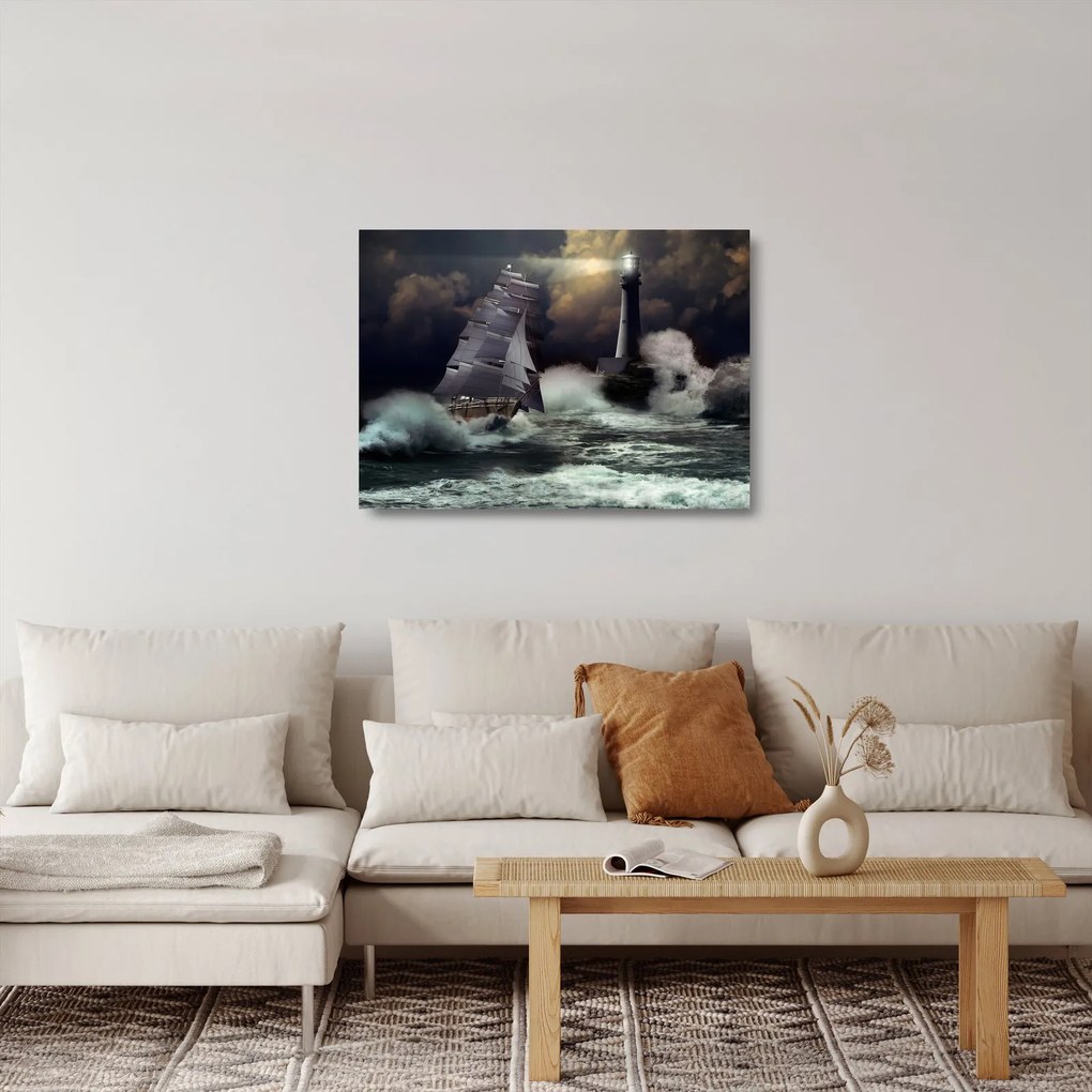 Kép - Viharos hullámokon áthajózó hajó (üvegen) (70x50 cm)