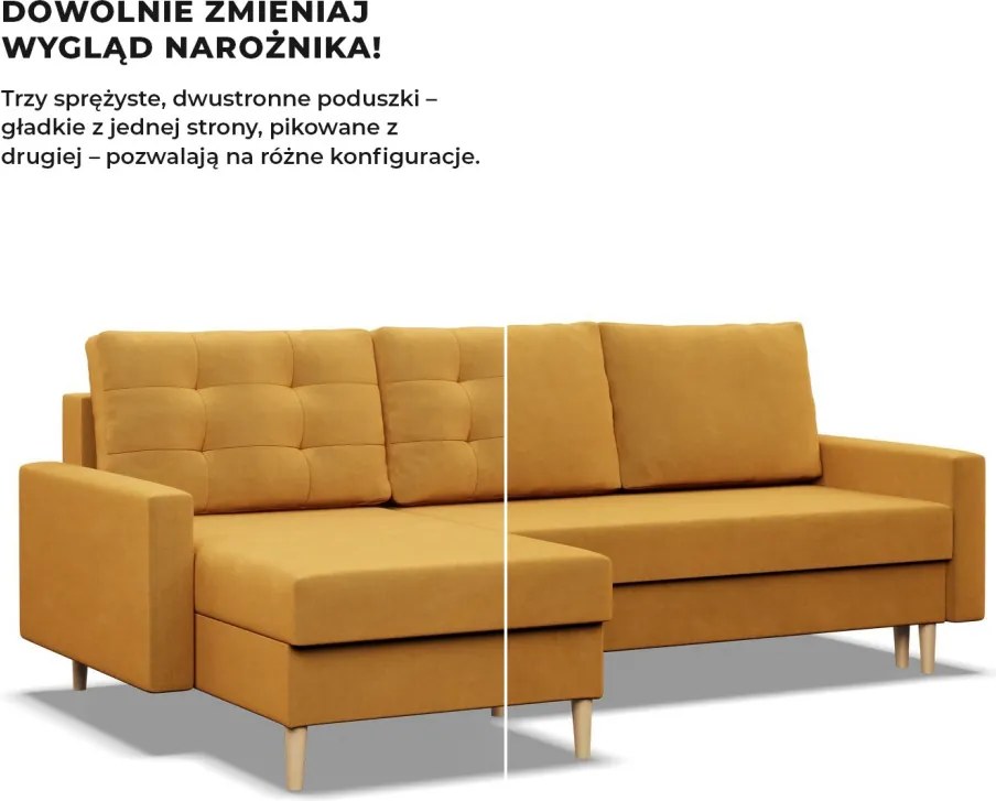 Etna sarokkanapé, 1 ágyneműtartóval, bársony, univerzális oldal, bonell töltet, sárga