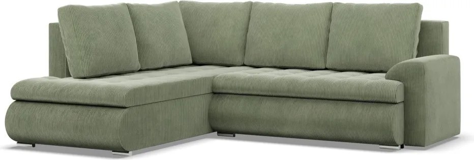 Tokio sarokkanapé, L alakú háttámlával, 2 ágyneműtartóval, kordbársony, baloldali, zöld