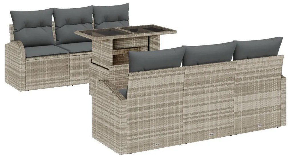 7 darabos kerti kanapé szett párnákkal, világosszürke poli rattan, 2 személyes kerti kanapé tárolóval és párnákkal, világosszürke poli rattan