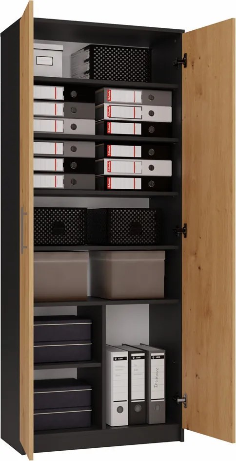 MIX Oliv 2D könyvespolc, irodai szekrény, 74x180x35 cm, antracit-tölgy