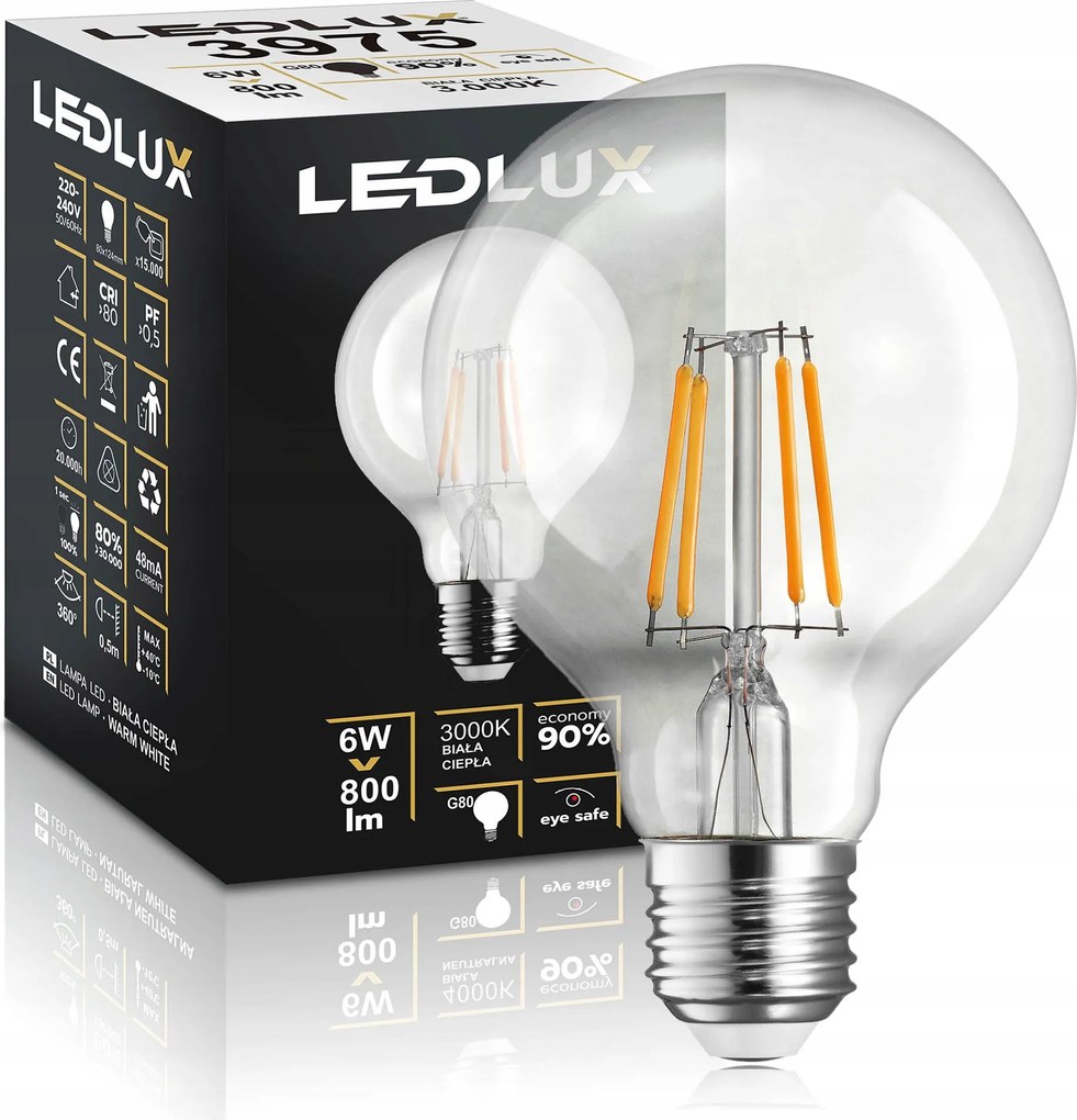 Led izzó E27 G80 6W=50W Meleg Filament Edison Dekoratív Ledlux Prémium