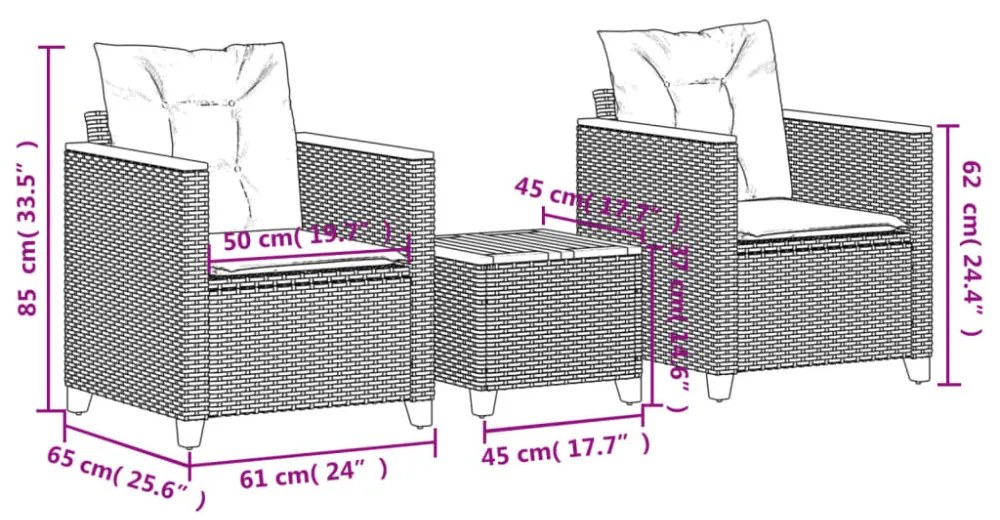 3 részes szürke polyrattan és akácfa bisztrószett párnákkal