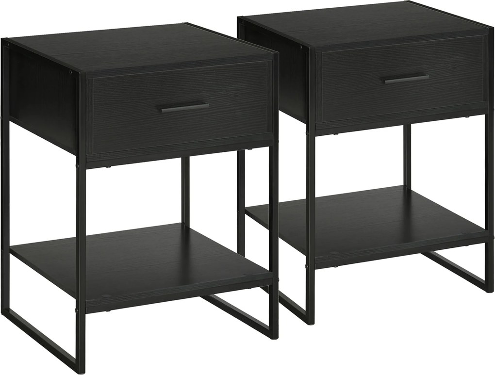 HOMCOM 2 db Modern Éjjeliszekrény, Hálószoba és Nappali Éjjeliszekrények, Fiókkal és Nyitott Polccal, Modern Dizájn, MDF és Acél, 45x40x60cm, Fekete |