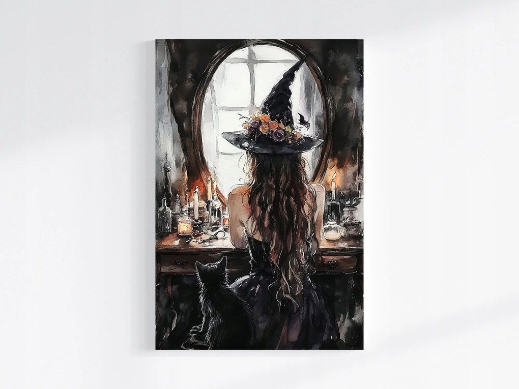 Canvas Vászonkép Boszorkány Figura Boszorkány Macska Tükör 80x120