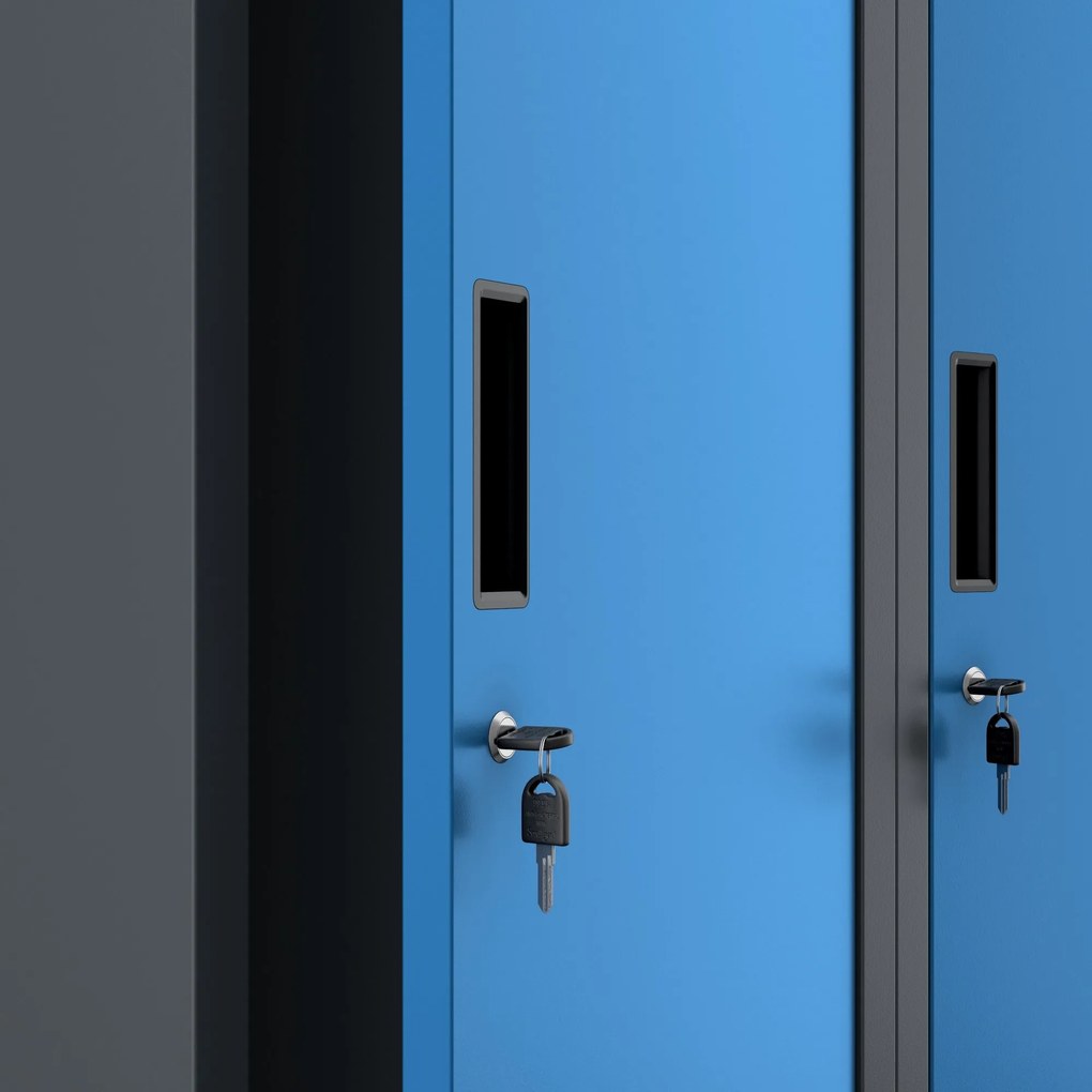 Pléh öltözőszekrény talpazaton, kétmodulos, polccal és köztes fallal KACPER, 800 x 1800 x 500 mm, antracit-kék