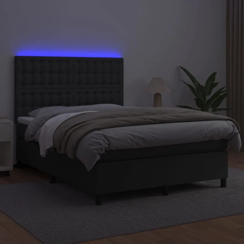 fekete műbőr rugós ágy matraccal és LED-del 140 x 190 cm
