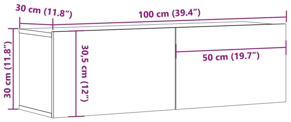 kézműves tölgy színű szerelt fa fali TV-szekrény 100x30x30 cm