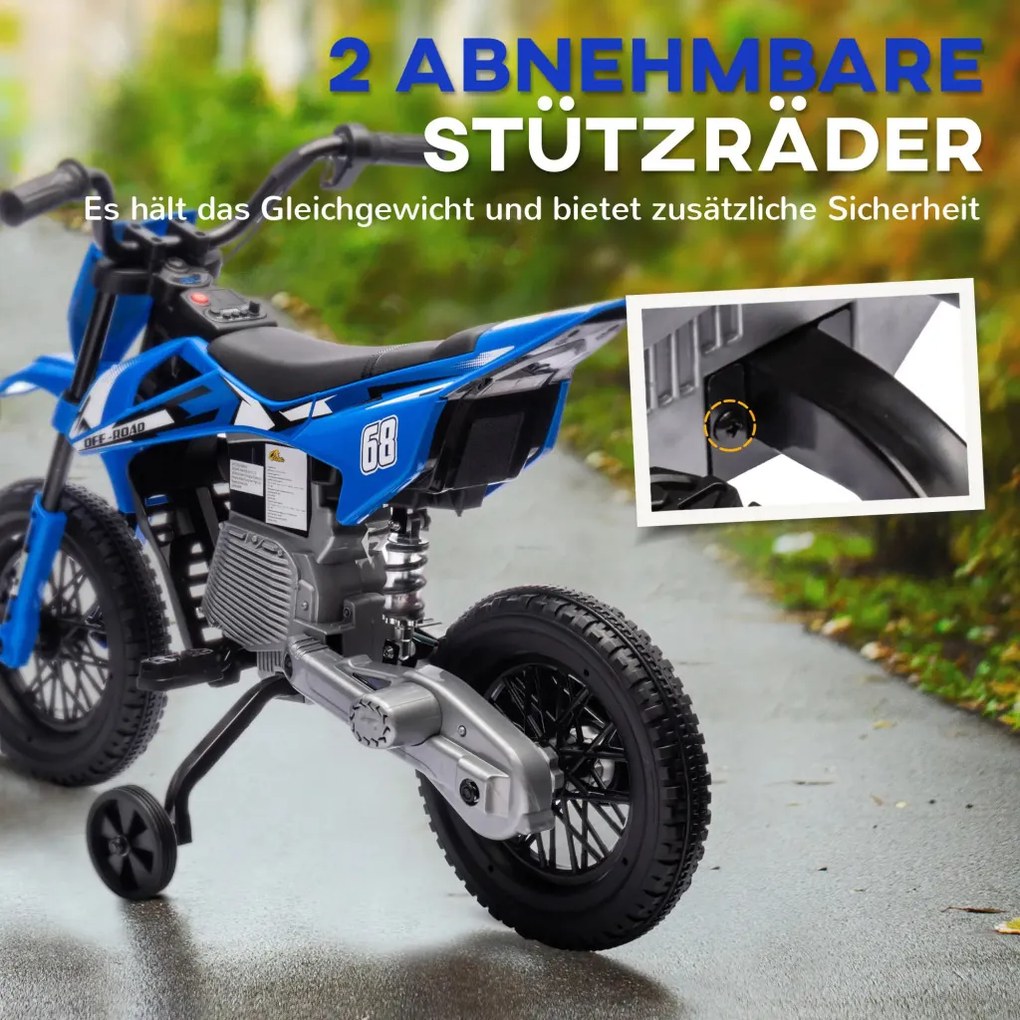 AIYAPLAY elektromos motorkerékpár gyerekeknek, 12 V-os zenés gyermekjármű edzőkerekekkel, kék