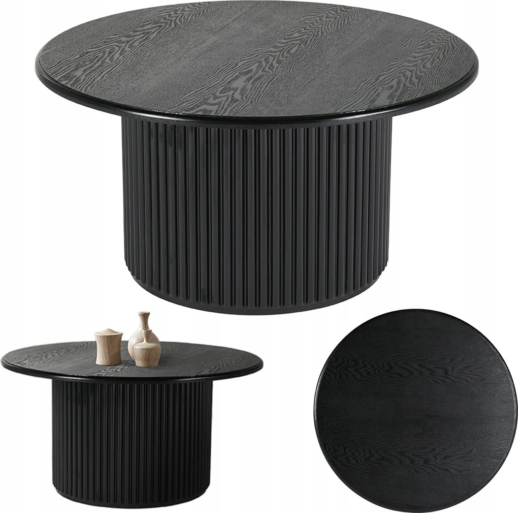 Roma kerek dohányzóasztal 80 cm fekete pad nappaliba Glam bordázott asztal