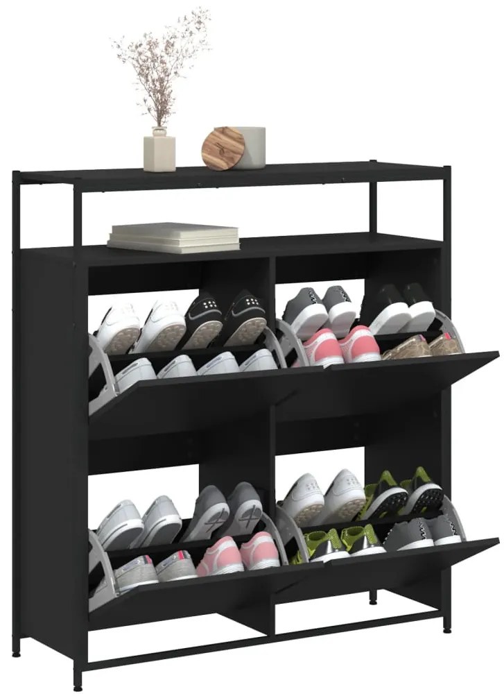 fekete cipőszekrény 4 kihajtható fiókkal 100 x 34 x 112 cm