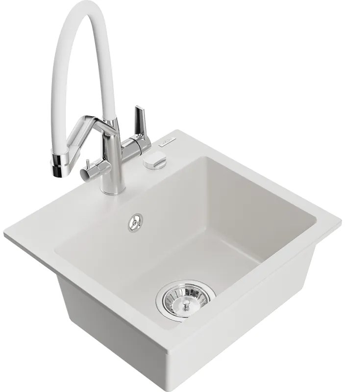 Mexen Milo egymedencés gránit mosogatótálca duplafunkciós konyhai csapteleppel, fehér - 6505-20-671701-02