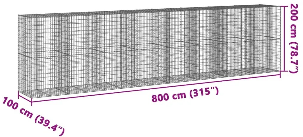 horganyzott vas gabion kosár fedéllel 800 x 100 x 200 cm