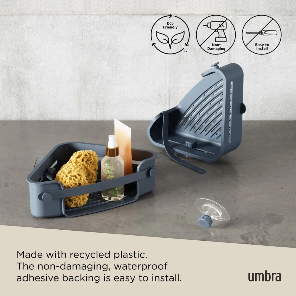 Kék öntapadós újrahasznosított műanyag fürdőszobai sarokpolc Flex – Umbra