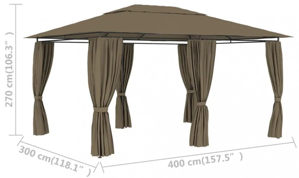 Tópszínű kerti pavilon függönyökkel 4 x 3 m 180 g/m²