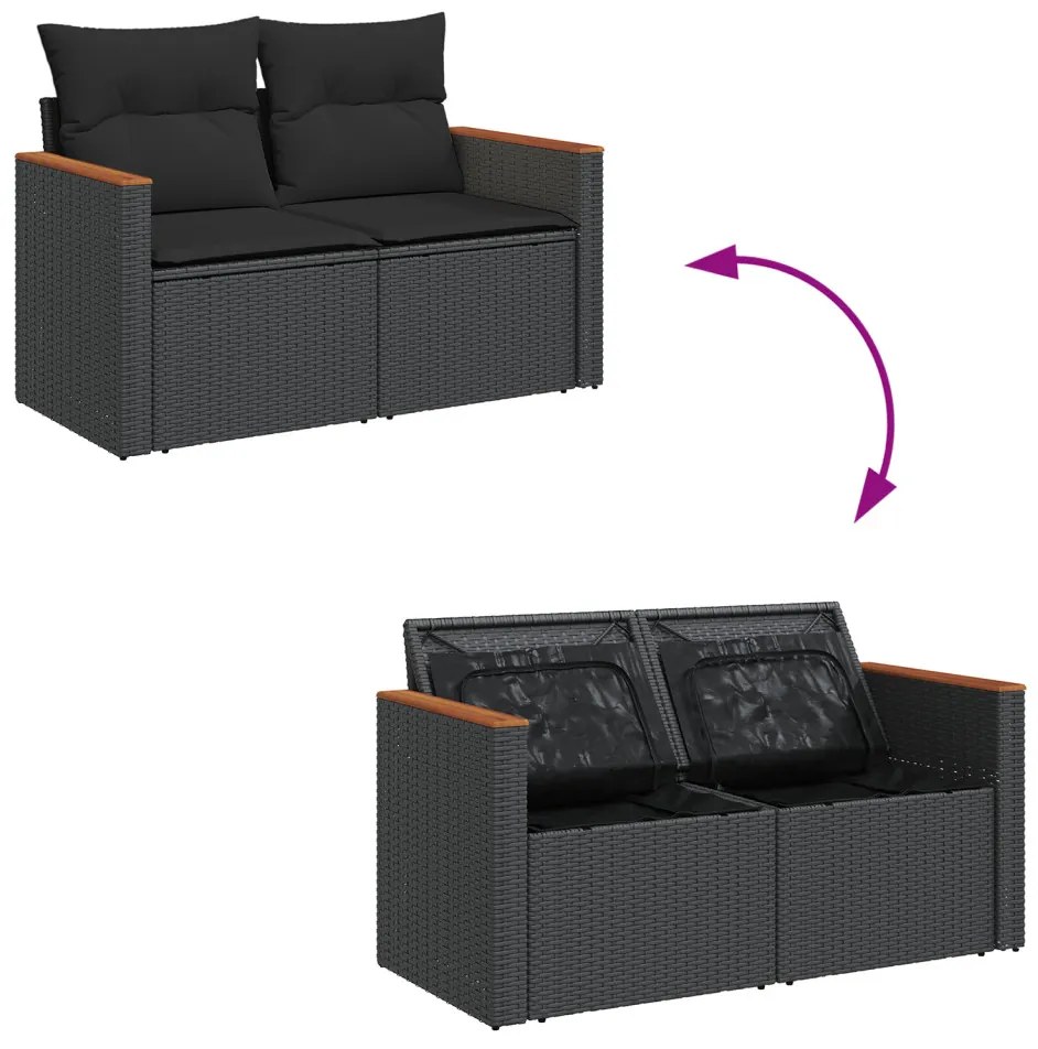9 Részes Kert Sofabútor Szett Párnákkal Fekete Poli Rattan Akáciából