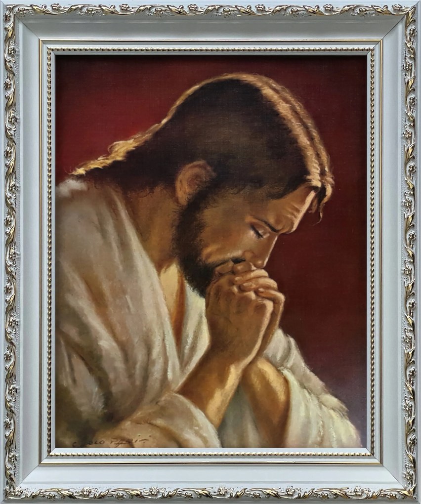 Vászonkép 31x26 Jézus Krisztus Imádkozó Fehér Díszített Keret