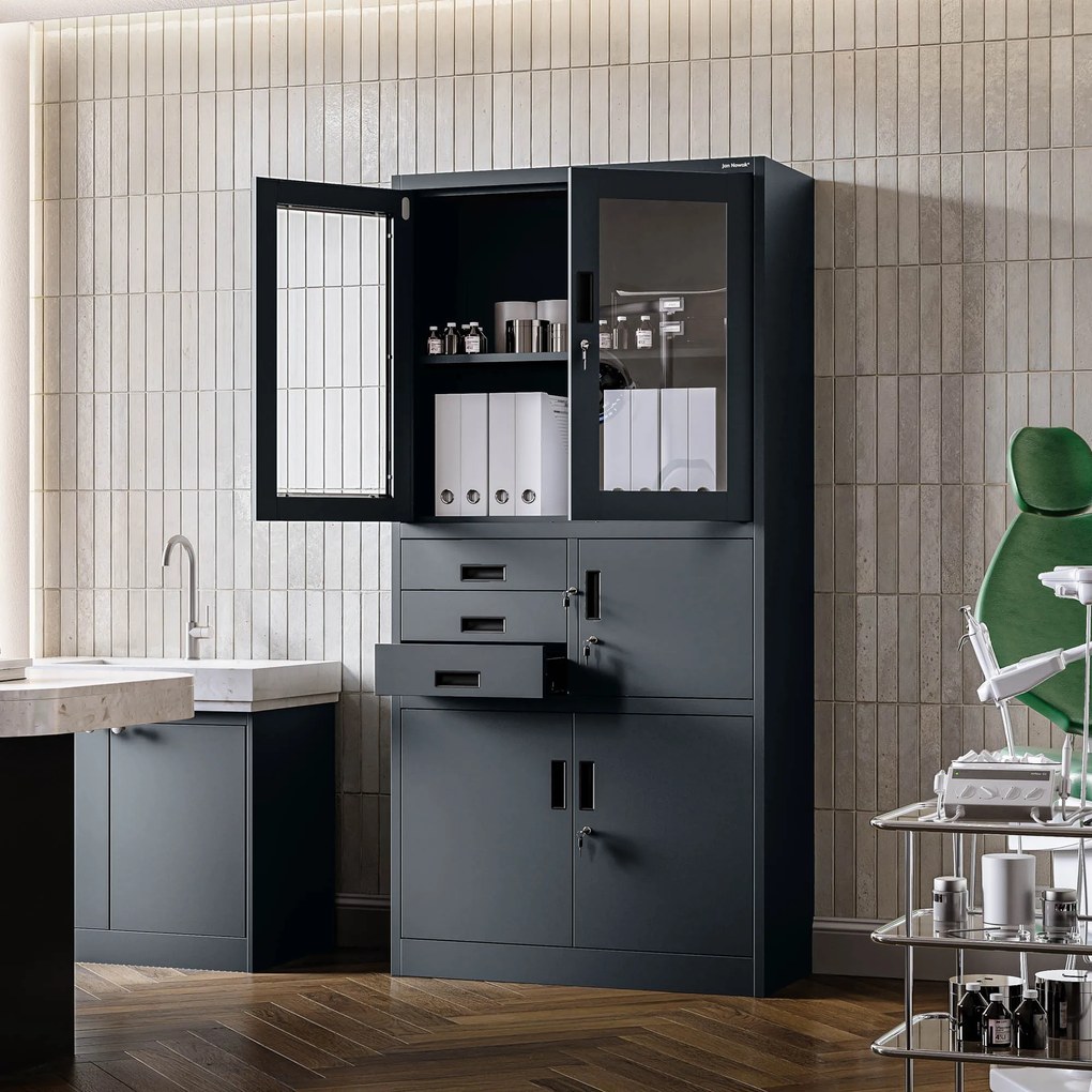 Fém iratszekrény széffel, vitrinnel és fiókokkal FILIP, 900 x 1850 x 400 mm, antracit