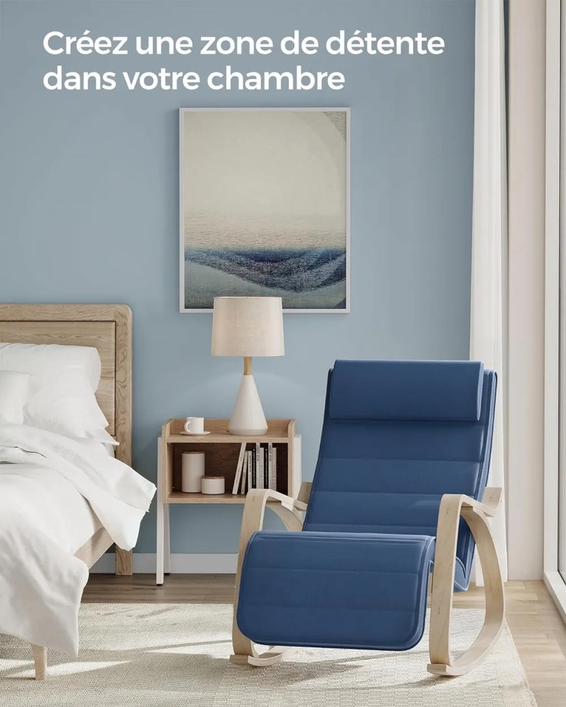 Hintaszék, nyírfából készült pihenő fotel, 5 pozícióban állítható lábrésszel, 150kg kék és natúr