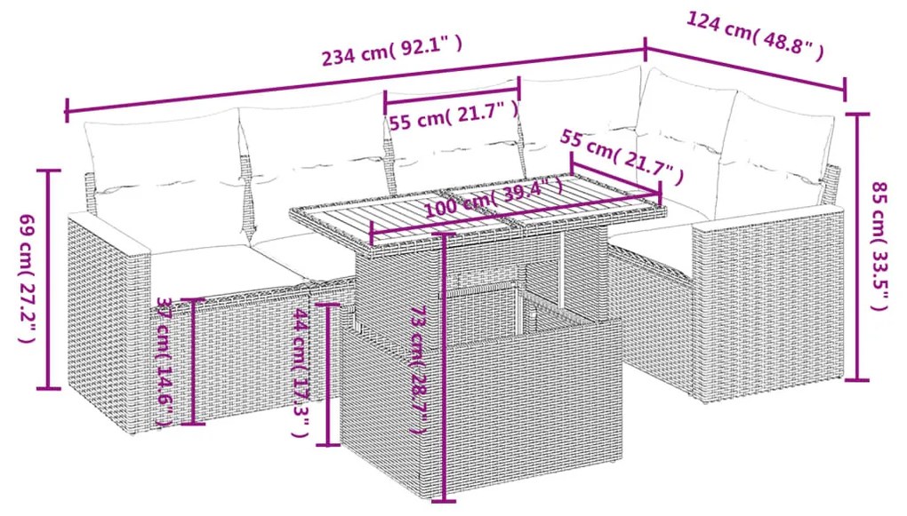 6 részes fekete polyrattan kerti ülőgarnitúra párnákkal