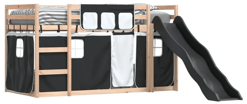 fehér-fekete emeletes ágy csúszdával és függönnyel 90 x 190 cm