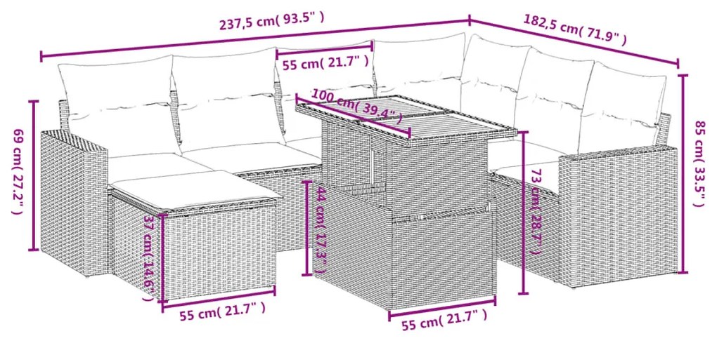 8 részes fekete polyrattan kerti ülőgarnitúra párnákkal