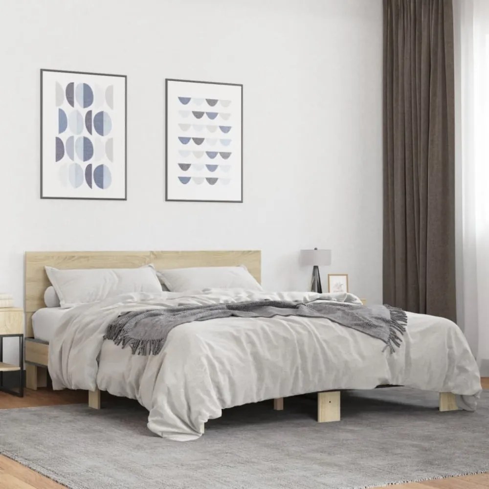 sonoma tölgyszínű szerelt fa és fém ágykeret 160 x 200 cm