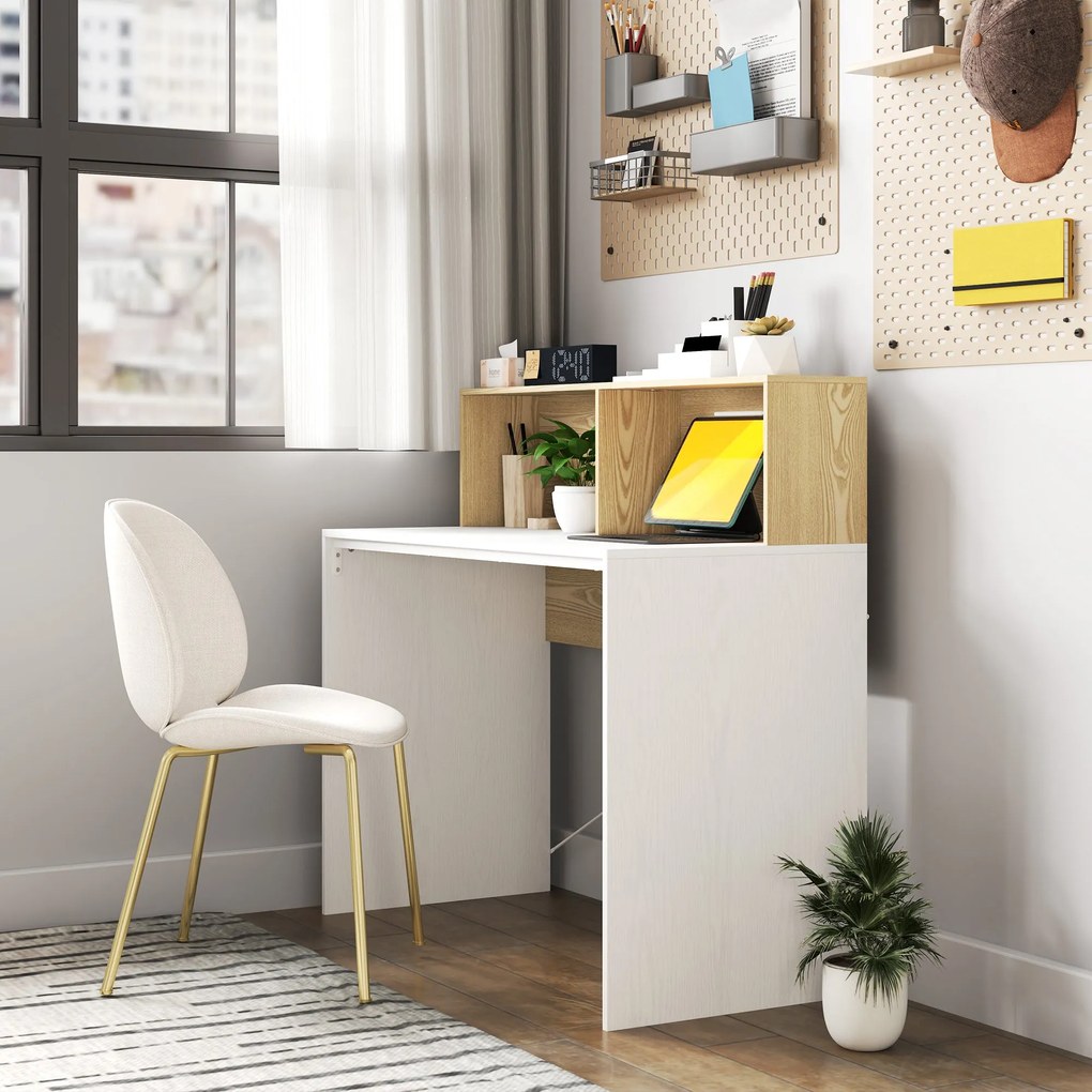 HOMCOM Számítógép Íróasztal Tárolóval 110 x 50 cm, 2 Nyitott Rekesszel és Polccal, Számítógép Íróasztal hálószobába, Kis Terekbe, Fehér és Természetes