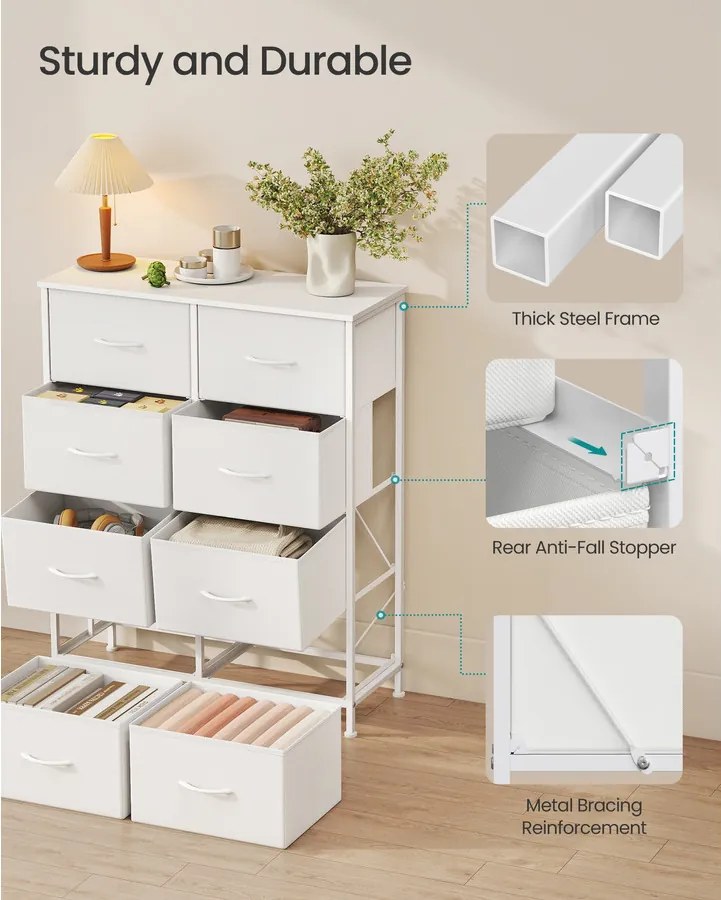 BELLAH modern komód, tárolószekrény 8 fiókkal, felhőfehér és hófehér színben