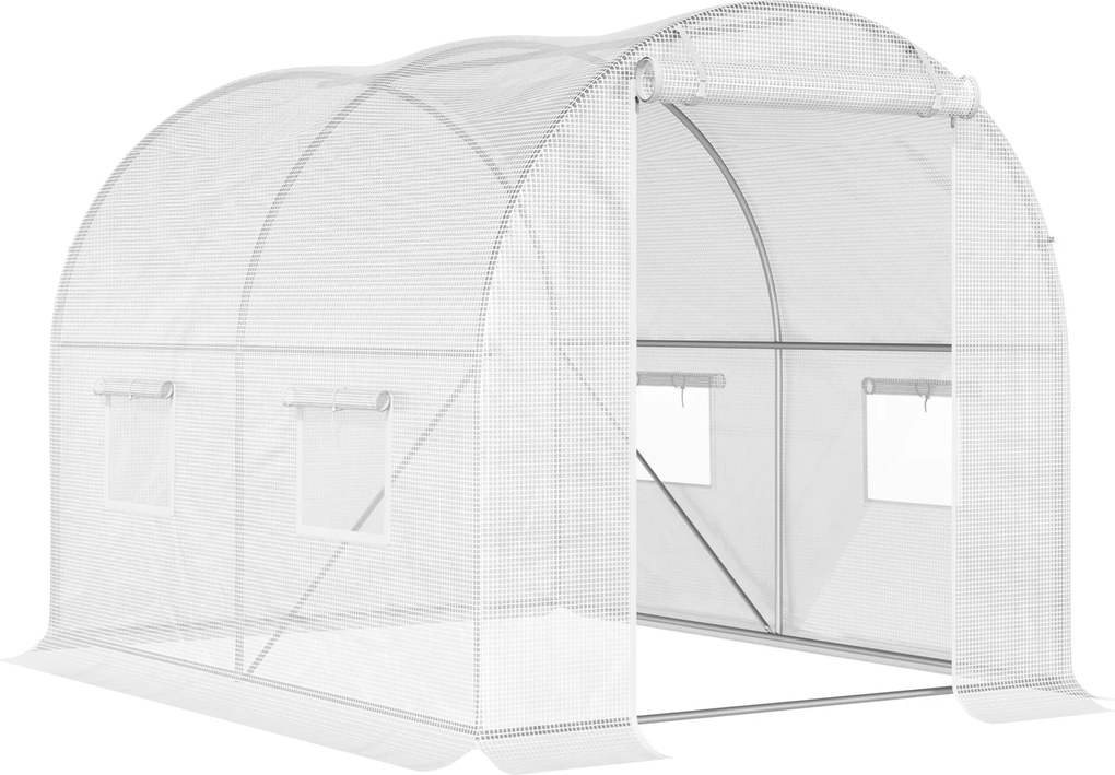 Outsunny Kert Alagút Üvegház 6 m² 3L x 2W x 1.9H m Megerősített Horganyzott Acél 2.4 cm Átmérővel + Nagy Sűrűségű PE Ablakokkal és Ajtóval Fehér | Aos