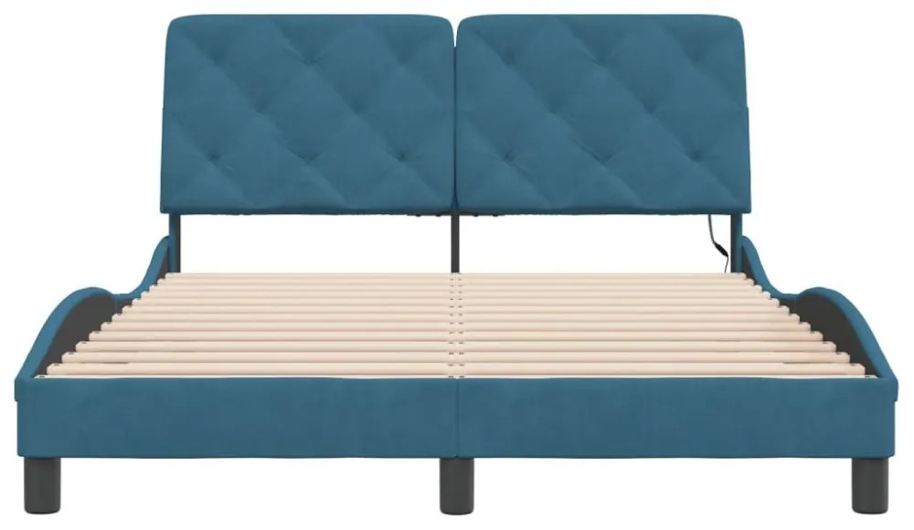 kék bársony ágykeret LED-ekkel matrac nélkül 140 x 190 cm
