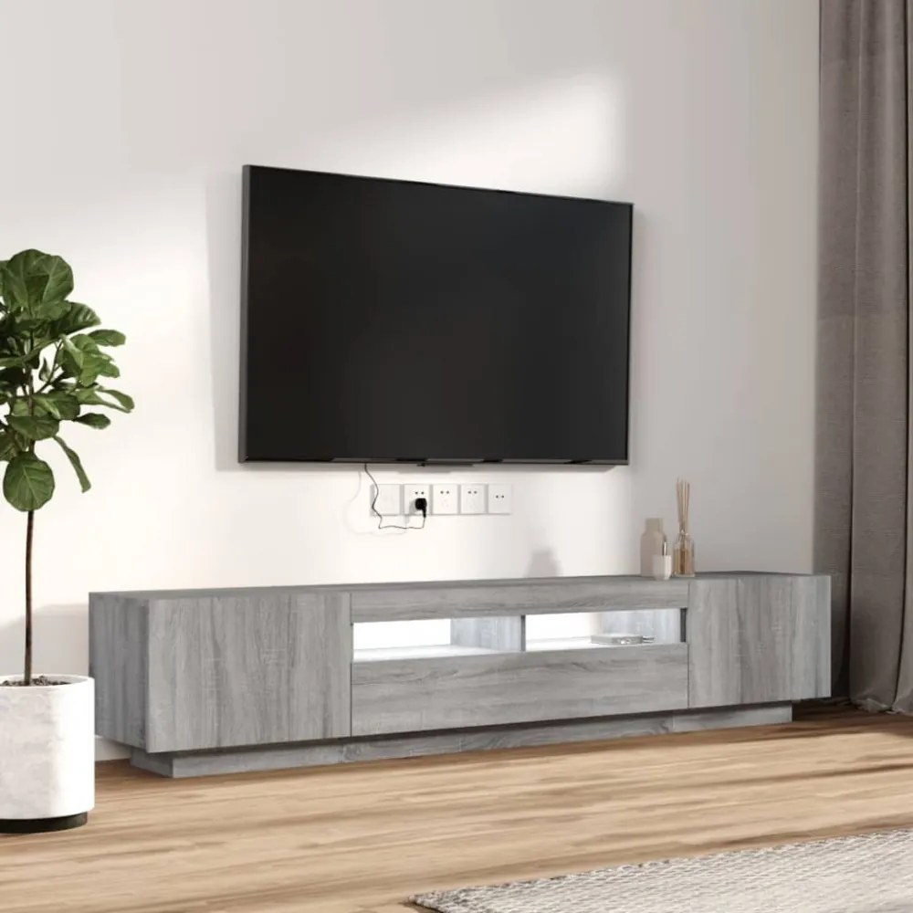 2 részes szürke sonoma színű fa TV-szekrény szett LED-lámpákkal