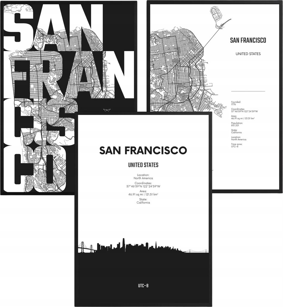 Poszter szett San Francisco Várostérkép Fekete-fehér Loft Képek Keretekkel