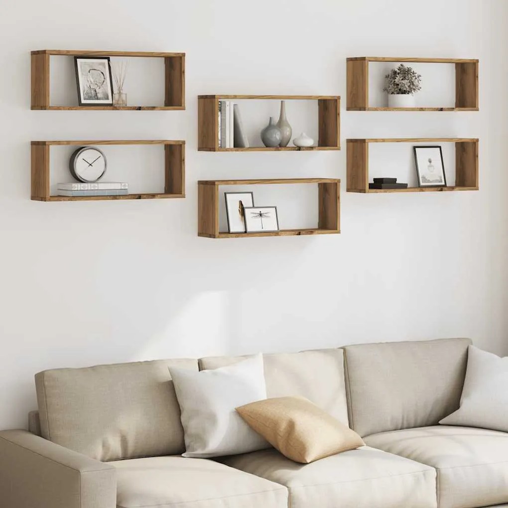 6 db kézműves tölgy színű szerelt fa fali kockapolc 60x15x23 cm