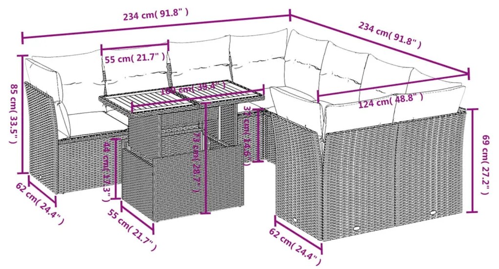 9 részes fekete polyrattan kerti ülőgarnitúra párnákkal