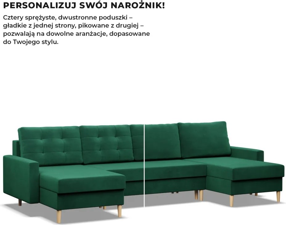 Etna U alakú sarokkanapé, 3 ágyneműtartóval, bársony, univerzális oldal, bonell töltet, zöld