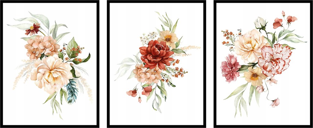 Poszterek Virágok növények grafika botanika boho szett 3db 40x50cm