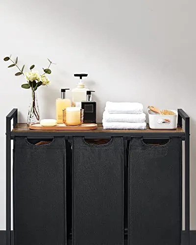 BERGEN ruháskosár polccal, 3x38l, fekete/barna SongmicsHome