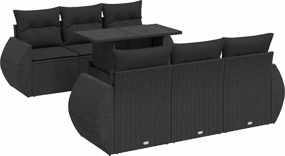 vidaXL 7 részes fekete polyrattan kerti ülőgarnitúra párnával