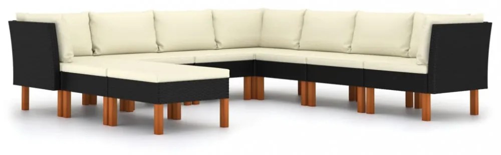 9 részes fekete polyrattan kerti ülőgarnitúra párnákkal