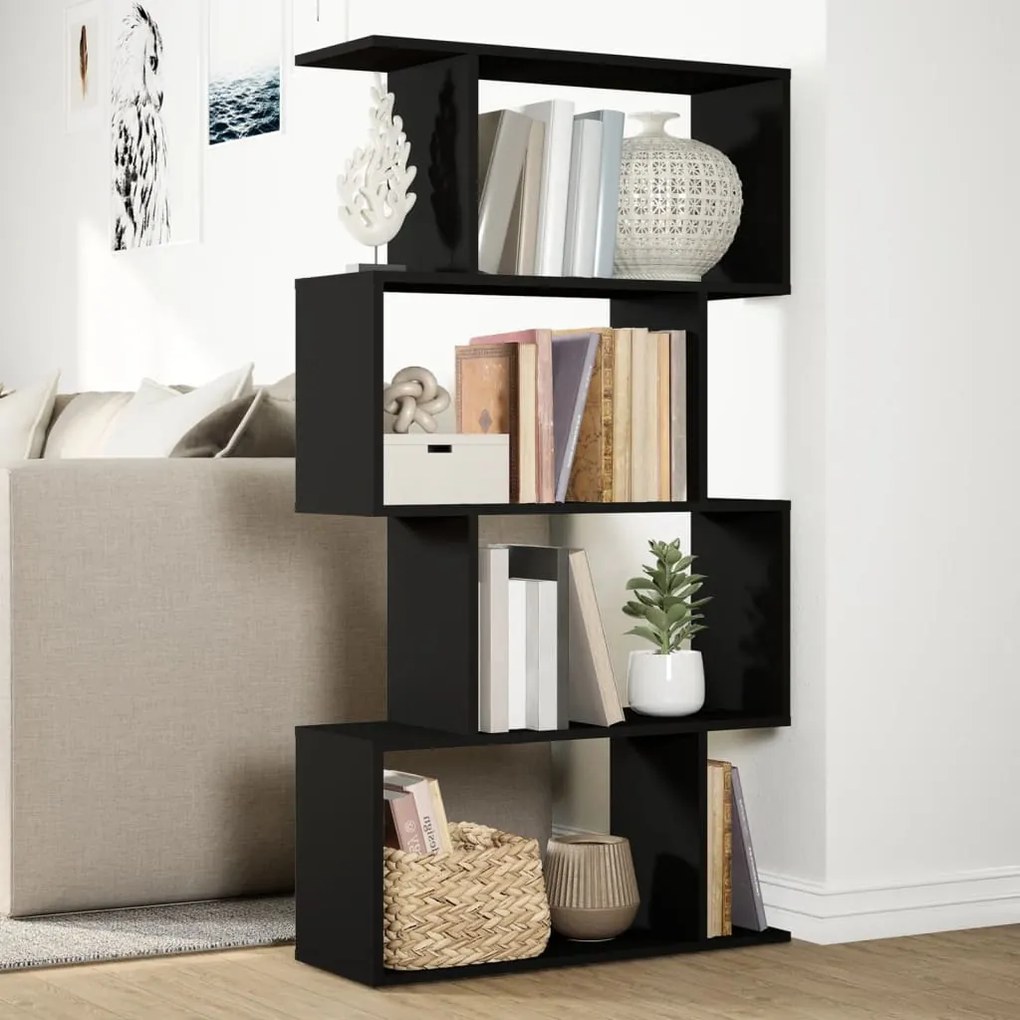4 szintes fekete szerelt fa elválasztó könyvespolc 70x24x129 cm