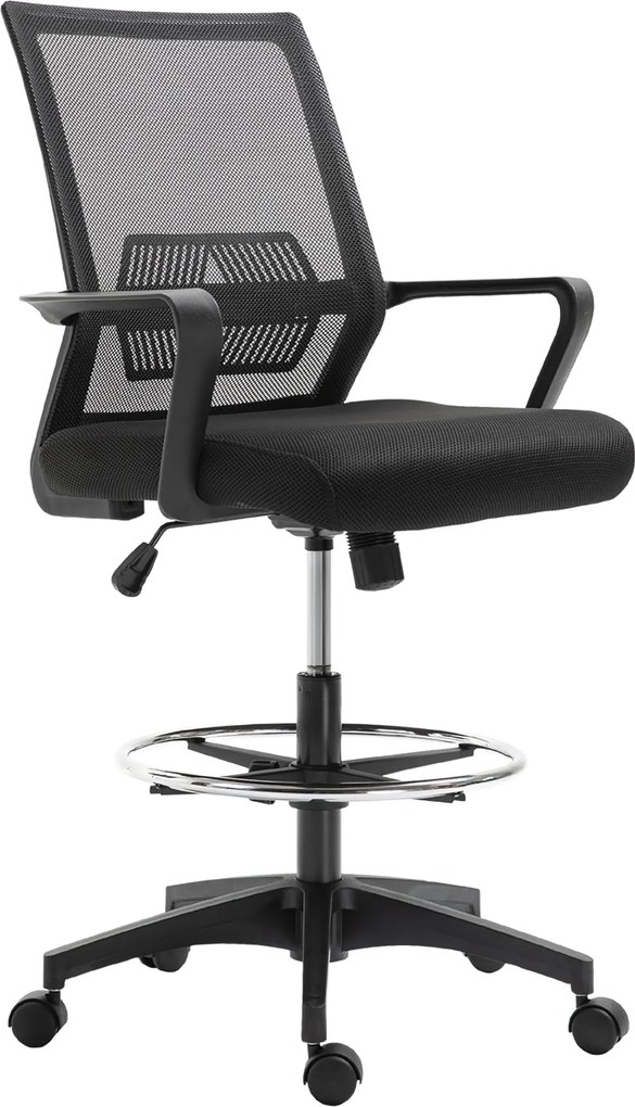 Vinsetto Ergonomikus Irodai Szék Állítható Lábgyűrűvel, Deréktámasz, Magasságban Állítható Forgószék Háló Üléssel, Rajzolószék Ringató Funkcióval, Fek