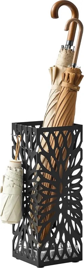 Esernyőtartó, szabadon álló esernyőtároló állvány, levehető csepegtetőtálcával, 4 akasztóval, fekete